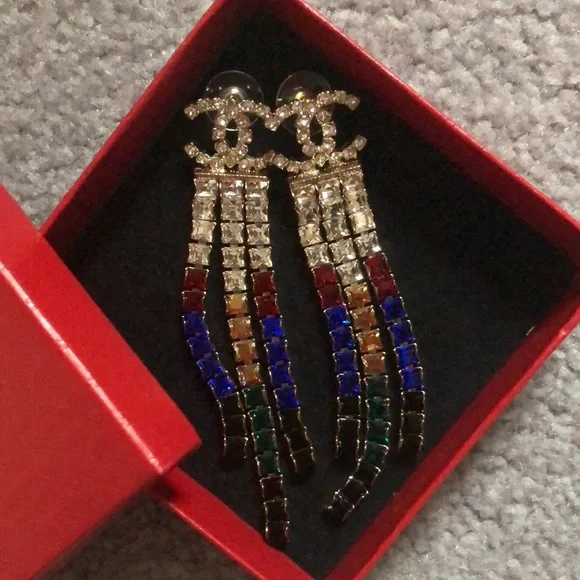 Authentic Chanel 13K CC Multicolor Crystal Drop Earrings - Picture 3 of 4